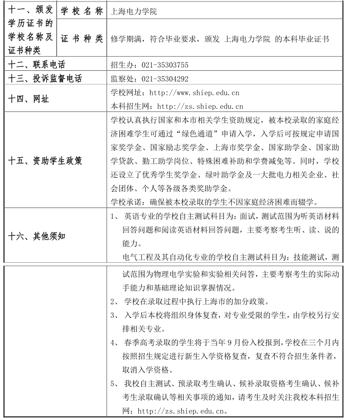 2015年上海电力学院春季高考招生章程