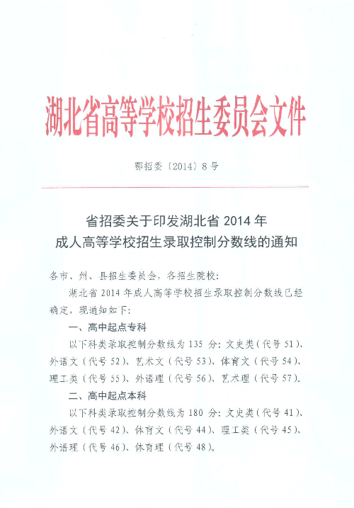 湖北省2014年成人高等学校招生录取控制分数线