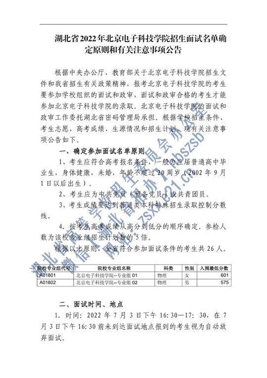 2022年北京电子科技学院在湖北省招生面试名单确定原则和有关注意事项公告