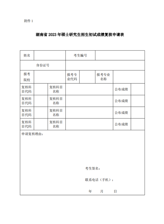 湖南省2023年硕士研究生招生考试成绩复核申请表