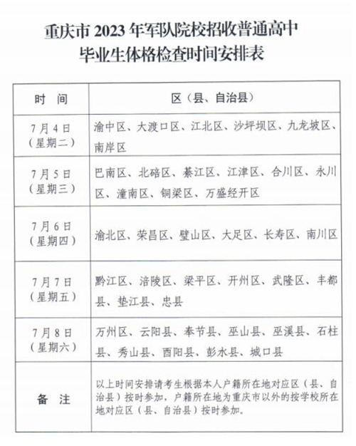 重庆市2023年军校招生有关事项的通知
