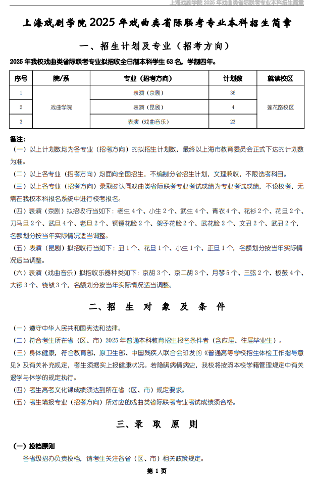 上海戏剧学院2025年戏曲类省际联考专业本科招生简章