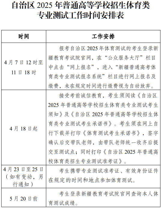 新疆：2025年普通高等学校招生体育类专业测试工作时间安排表