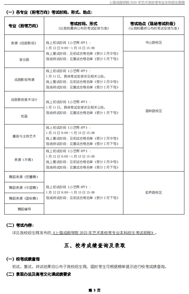 上海戏剧学院2025年艺术类校考专业本科招生简章