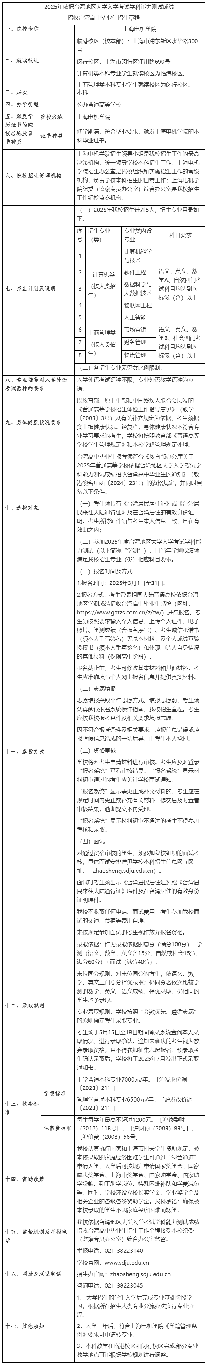 上海电机学院2025年依据台湾地区大学入学考试学科能力测试成绩招收台湾高中毕业生招生章程