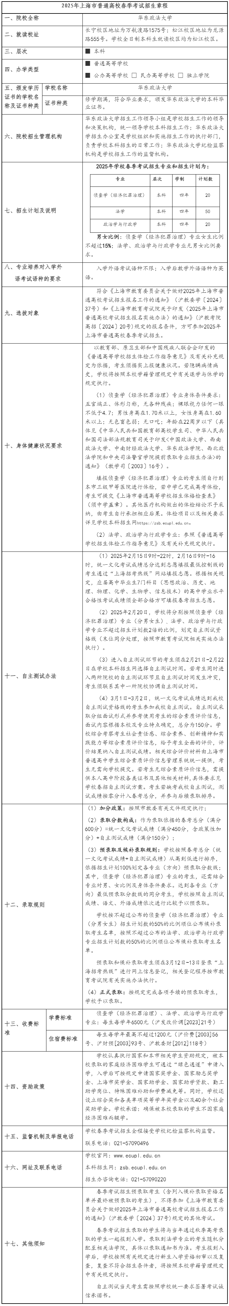 华东政法大学2025年春季考试招生章程