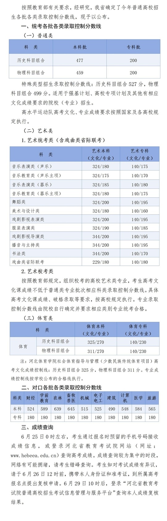 2025年河北省普通高校招生各批各类录取控制分数线