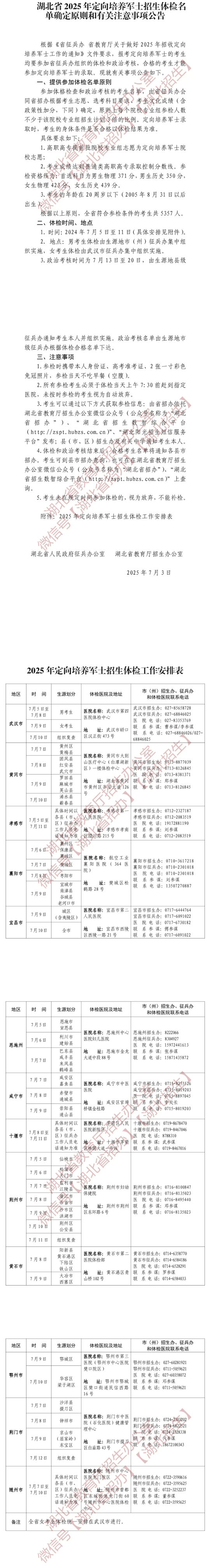 2025年湖北省定向培养军士招生体检名单确定原则和有关注意事项公告