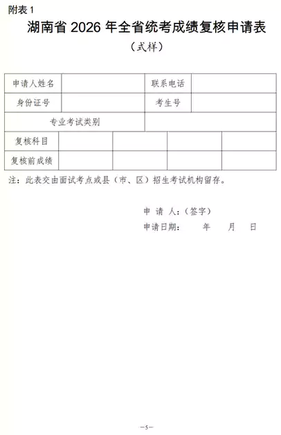 关于印发《湖南省2026年普通高等学校招生艺术类专业全省统一考试成绩复核实施办法》的通知