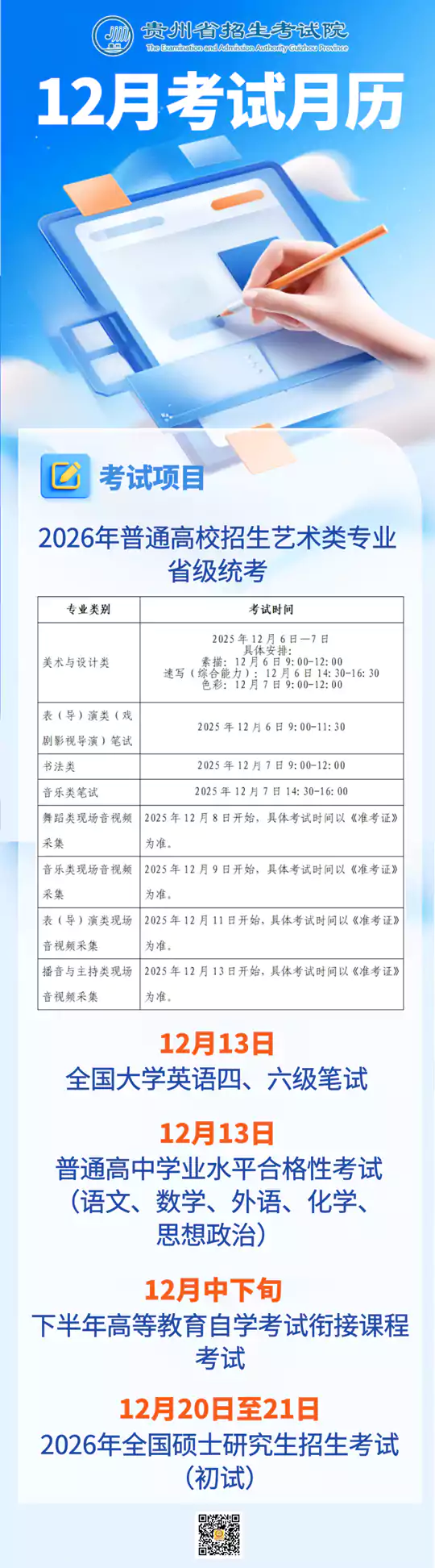 2025年12月贵州教育考试月历
