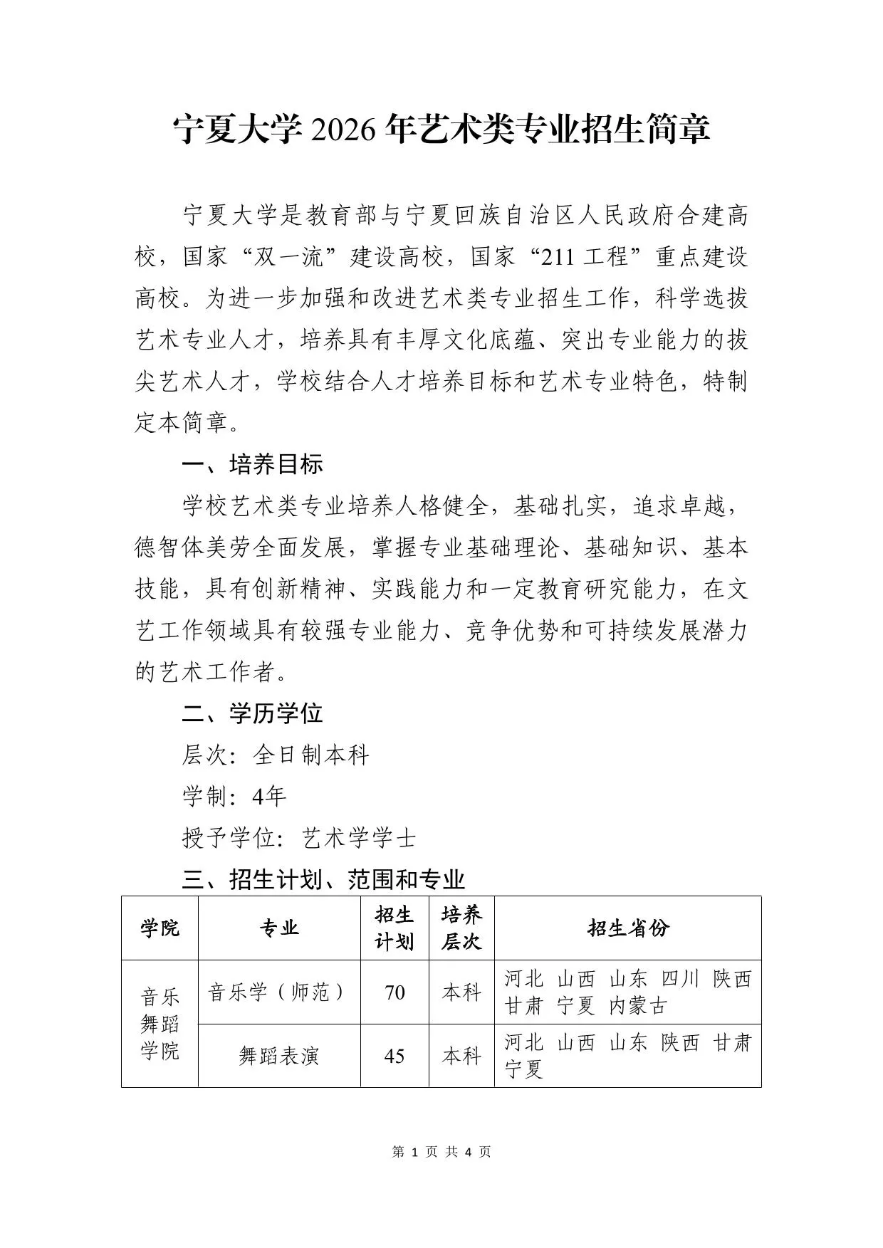 宁夏大学2026年艺术类专业招生简章