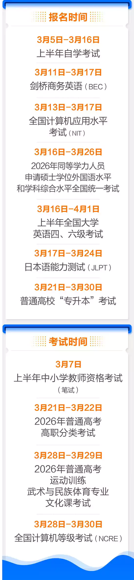 2026年3月吉林省教育考试月历