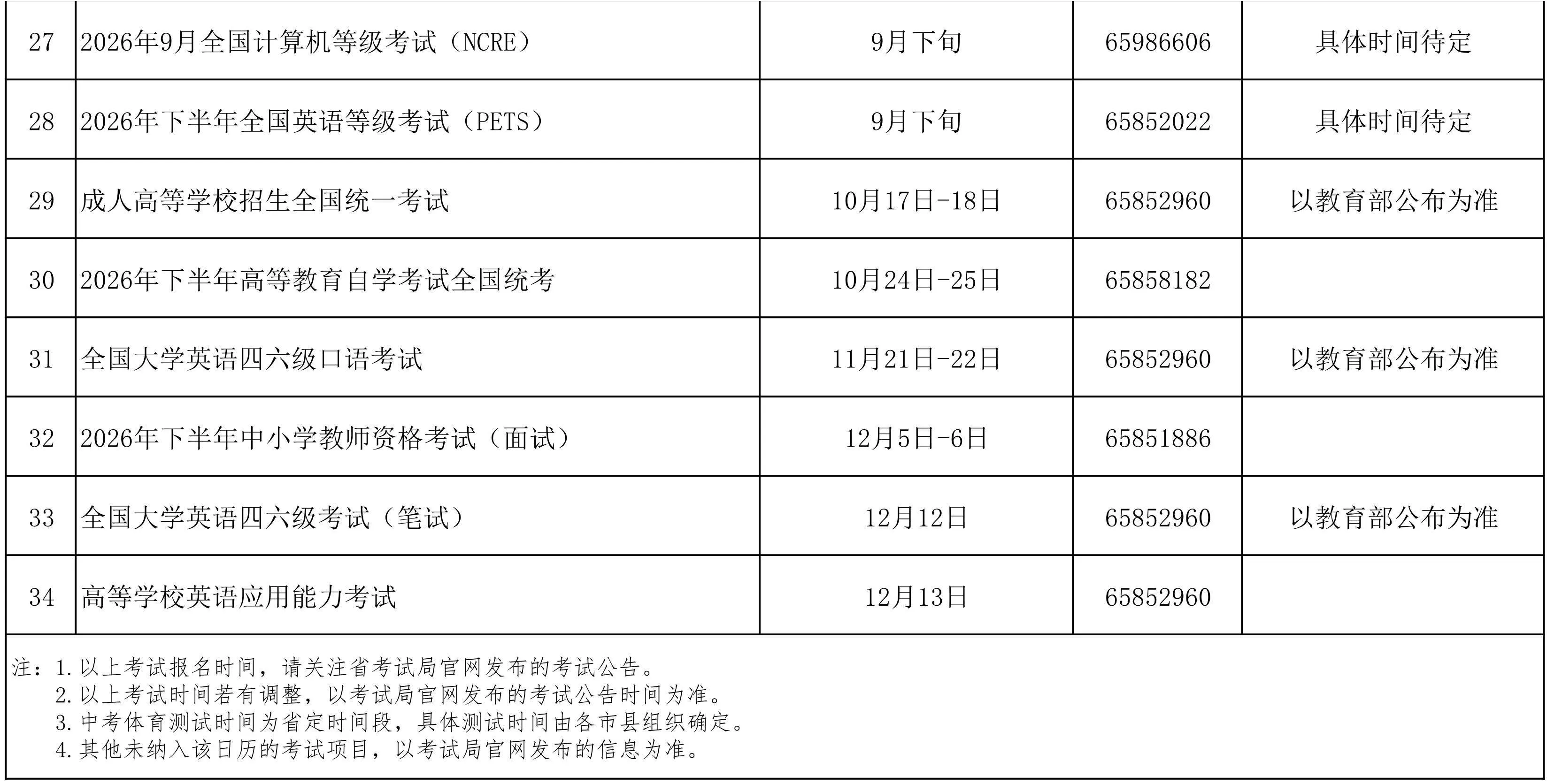 海南省考试局2026年考试日历